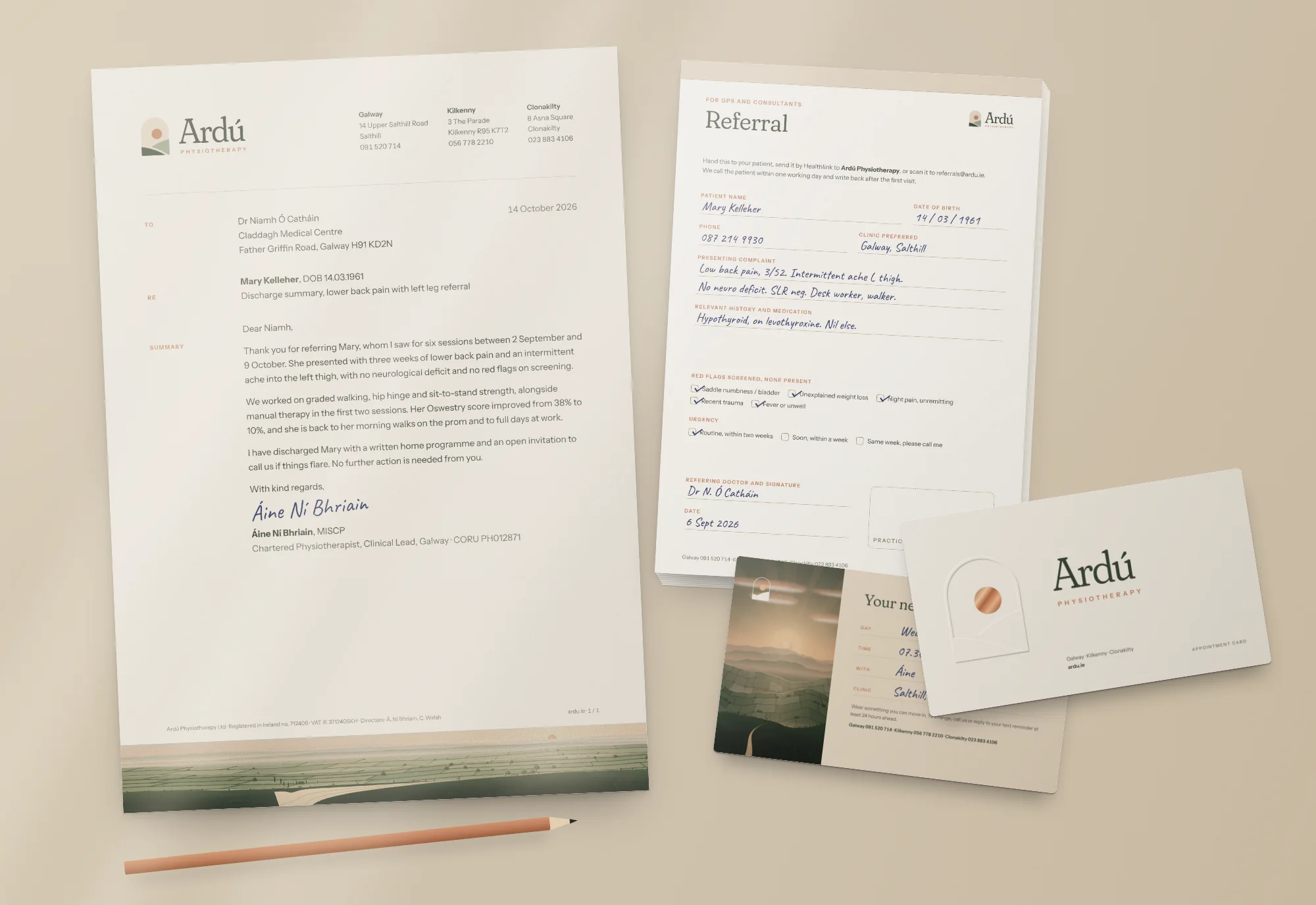 Ardú Physiotherapy: Stationery · letterhead, GP referral pad, appointment card