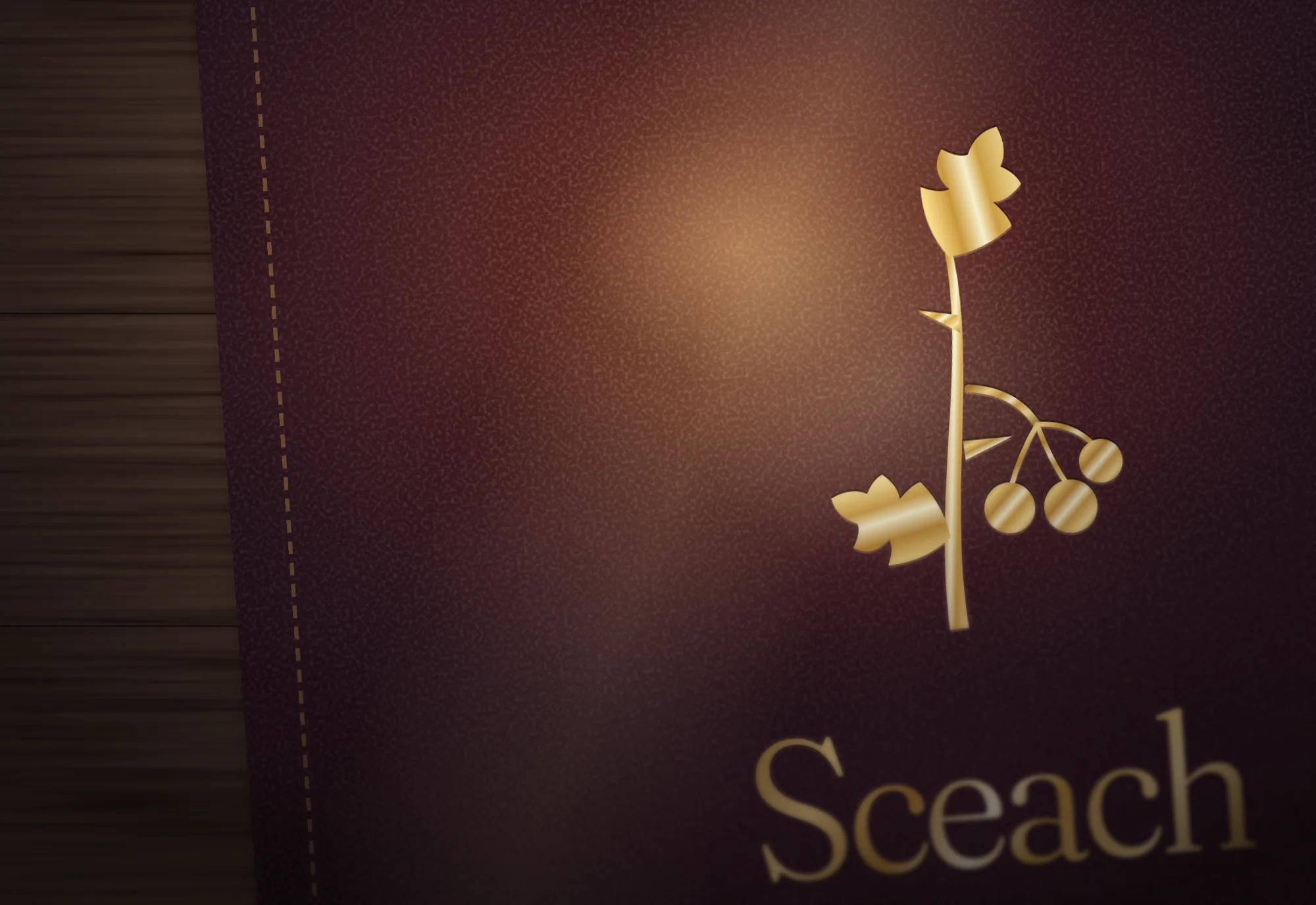Sceach: Detail · gold-foil sprig and stitching on the leather bill folder